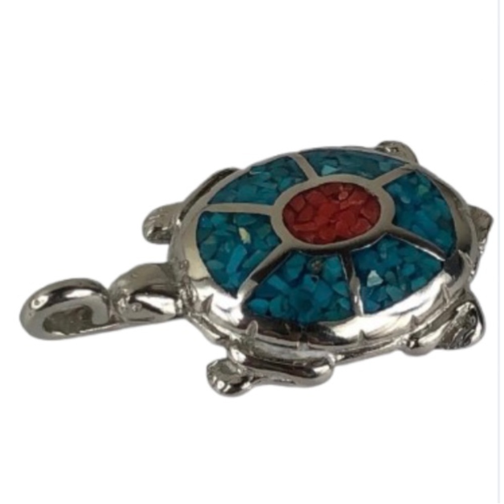 Mosaic Turtle Pendant Silver Turquoise Coral Inlay Vintage
